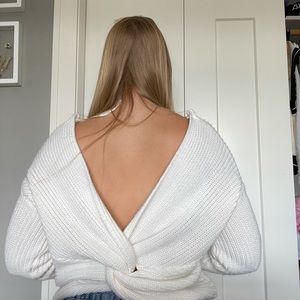 Open back twist white sweater